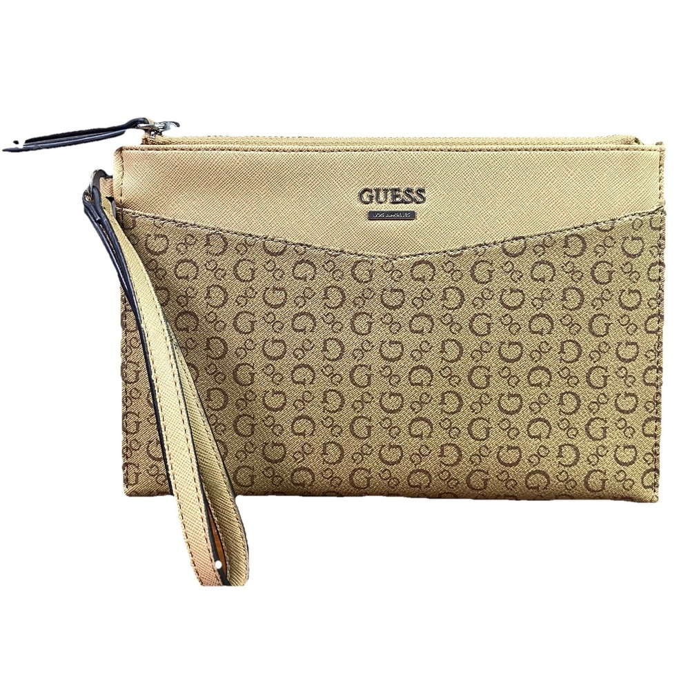 Guess LA Women Gleason SLG Wristlet Brown/Tan Signature Print Wallet Clutch 9x6"